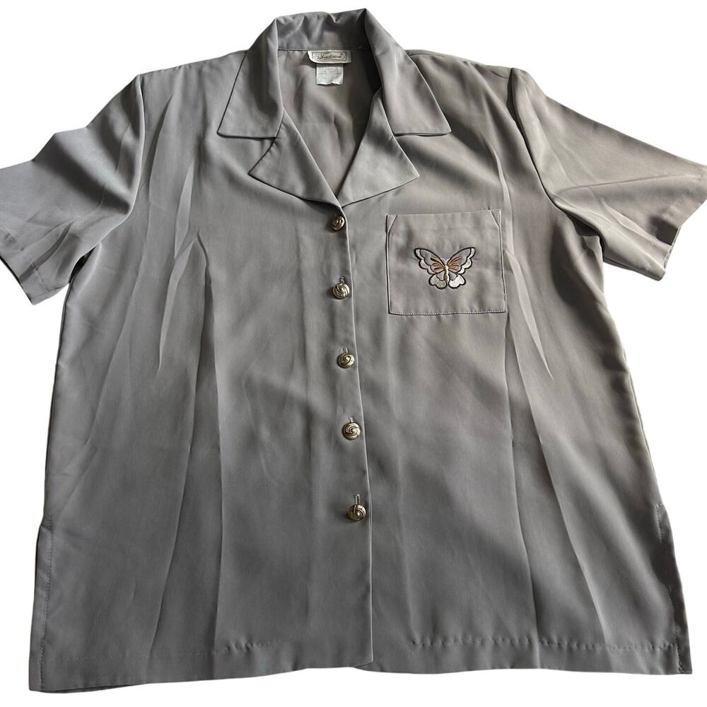 VNTG Tradition Butterfly Embroidered Short Sleeve, Silk Like Button Up- 2XL